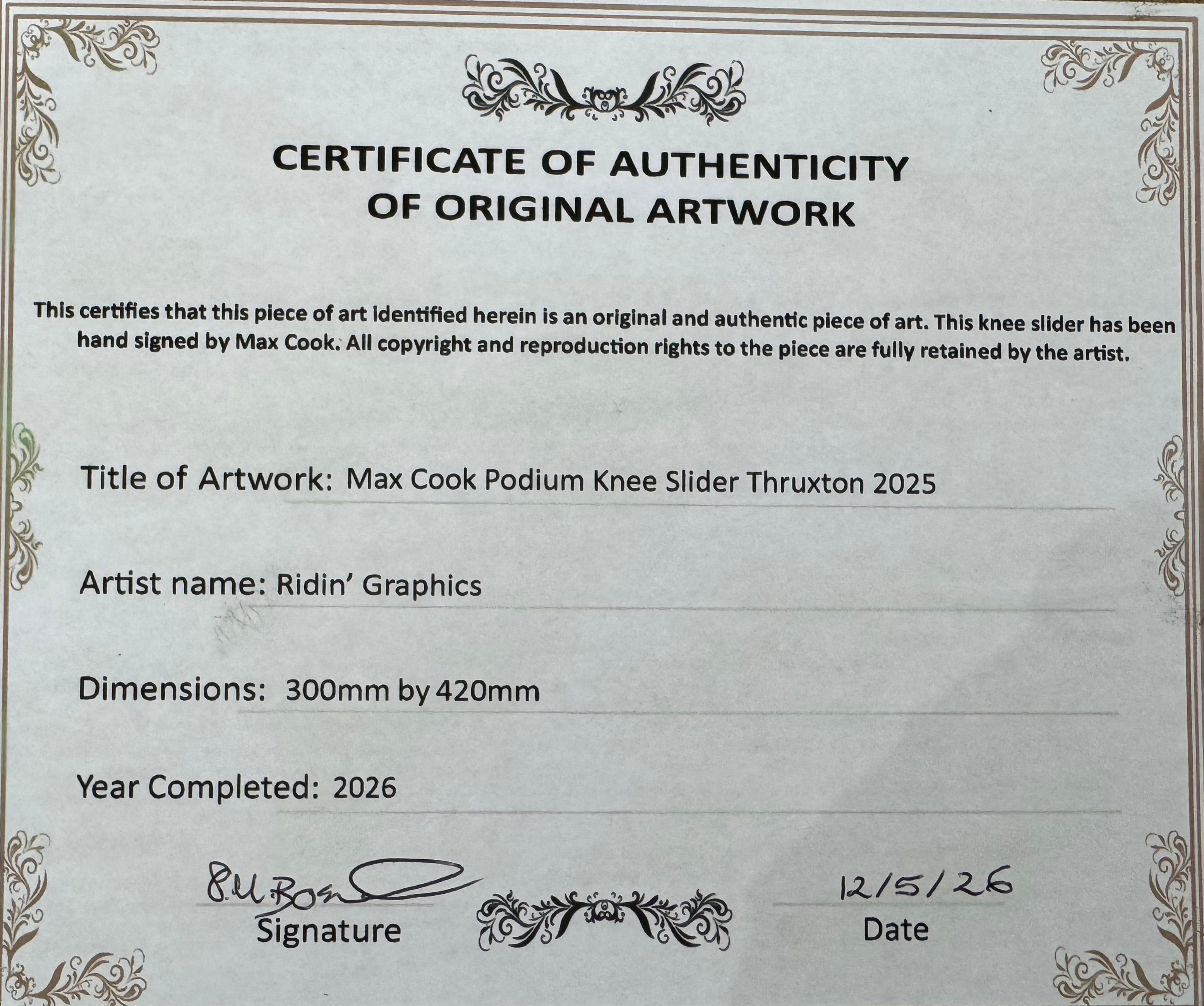 Max Cook Signed Kneeslider and picture from Thruxton Podium 2025